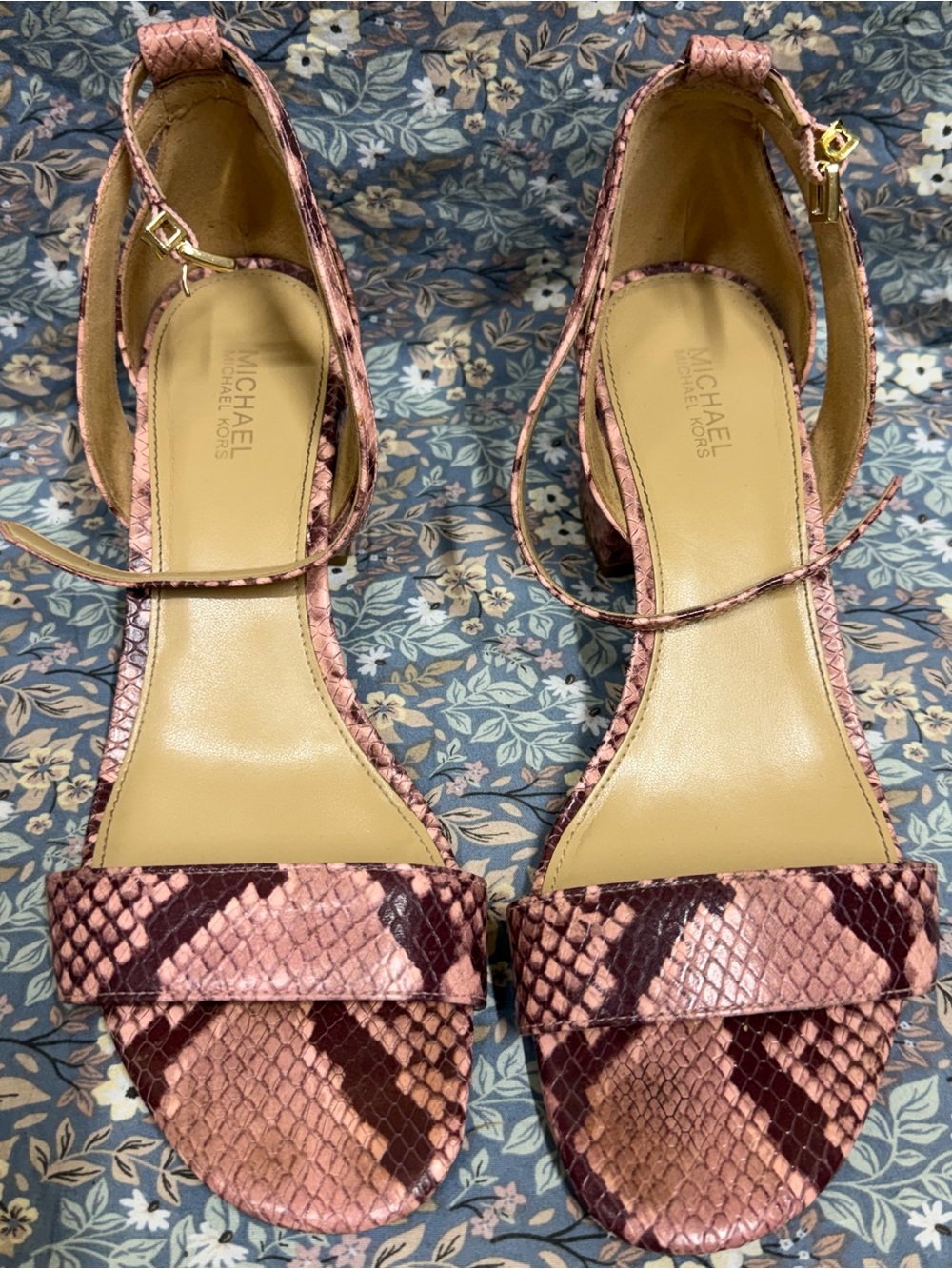 Michael Kors Pink Snake-Print Ankle Strap Heels